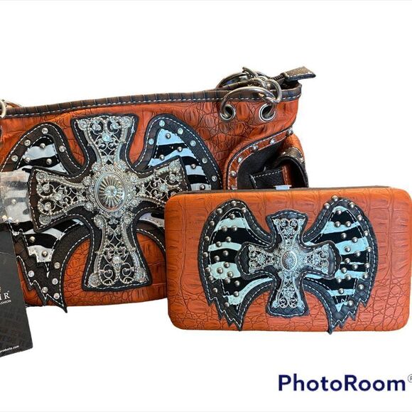 NWT Leather Burnt Orange Cross/Wing Concealed Handgun Purse/Wallet Set B… - Picture 2 of 9